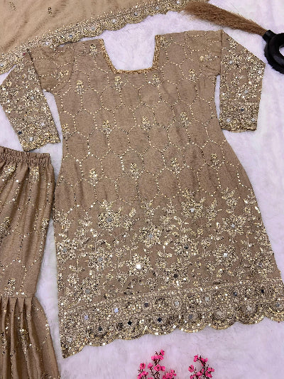 Golden Beige Embroidery Mirror Work Gharara Suit UK Next Day