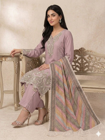 Dusty Lilac Georgette Straight Suit Set with Organza Dupatta