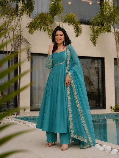 Teal Blue Embroidered Crunchy Silk Anarkali Suit for Women