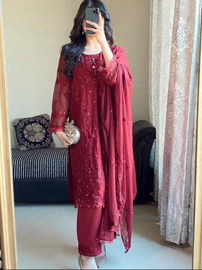 Dark Maroon Georgette Embroidery Straight Suit