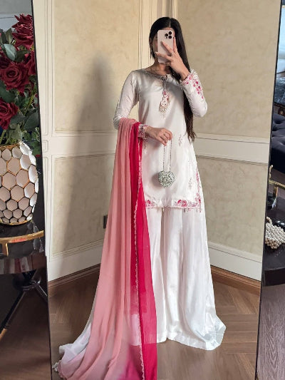 White Embroidered Crepe Silk Palazzo Suit with Pink Shaded Dupatta