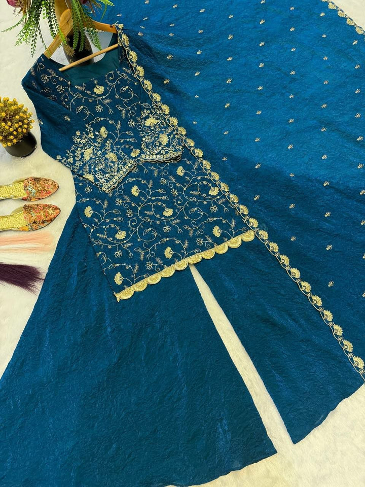 Peacock Teal Blue Embroidered Crush Silk Sharara Palazzo Suit