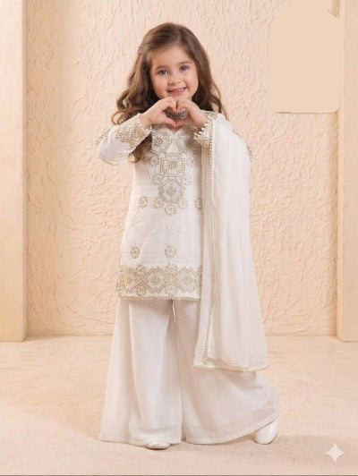 White Kids Georgette Festive Palazzo Suit
