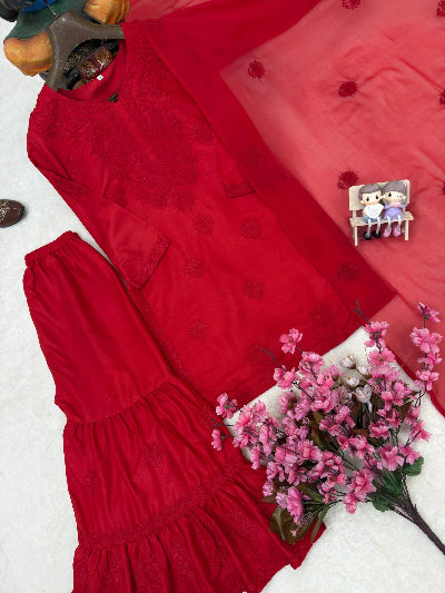 Red Chikankari Rayon Sharara Suit Set
