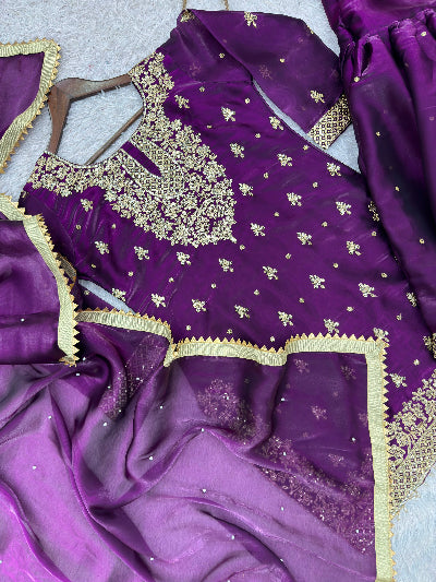 Purple Embroidered Tissue Silk Gharara Suit Set for Women