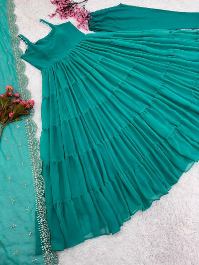 Teal Green Ruffle Pattern Anarkali Suit UK Next Day