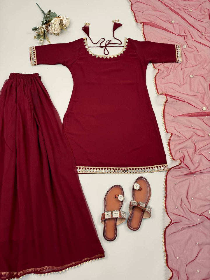 Classic Red Georgette Mirror Work Sharara Palazzo Set