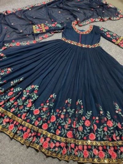 Teal Blue Embroidery Work Full Length Gown Dupatta Set of 2