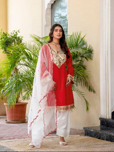 Red Mirror Work Silk Farshi Suit with Organza Dupatta