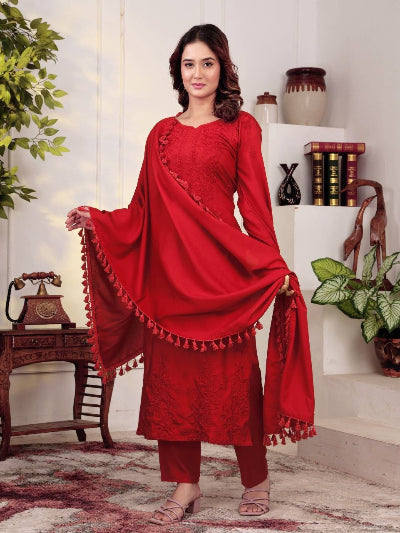 Red Embroidered Rayon Straight Suit Set