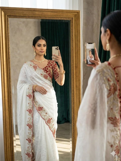 White Crush Tissue Sari Free Red Embroidered Stitched Blouse