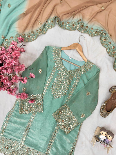 Aqua Blue Embroidered Fendi Silk Gharara Suit Set