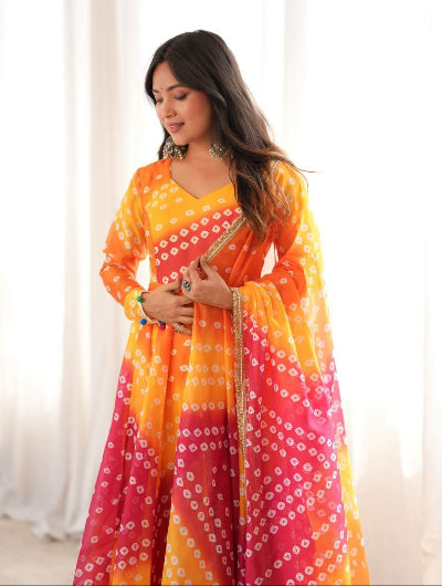 Yellow Bandhani Organza Flair Anarkali Suit
