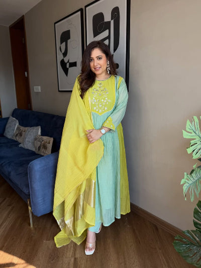 Ice Blue &amp; Lime Yellow Pure Mal Chanderi Anarkali Suit