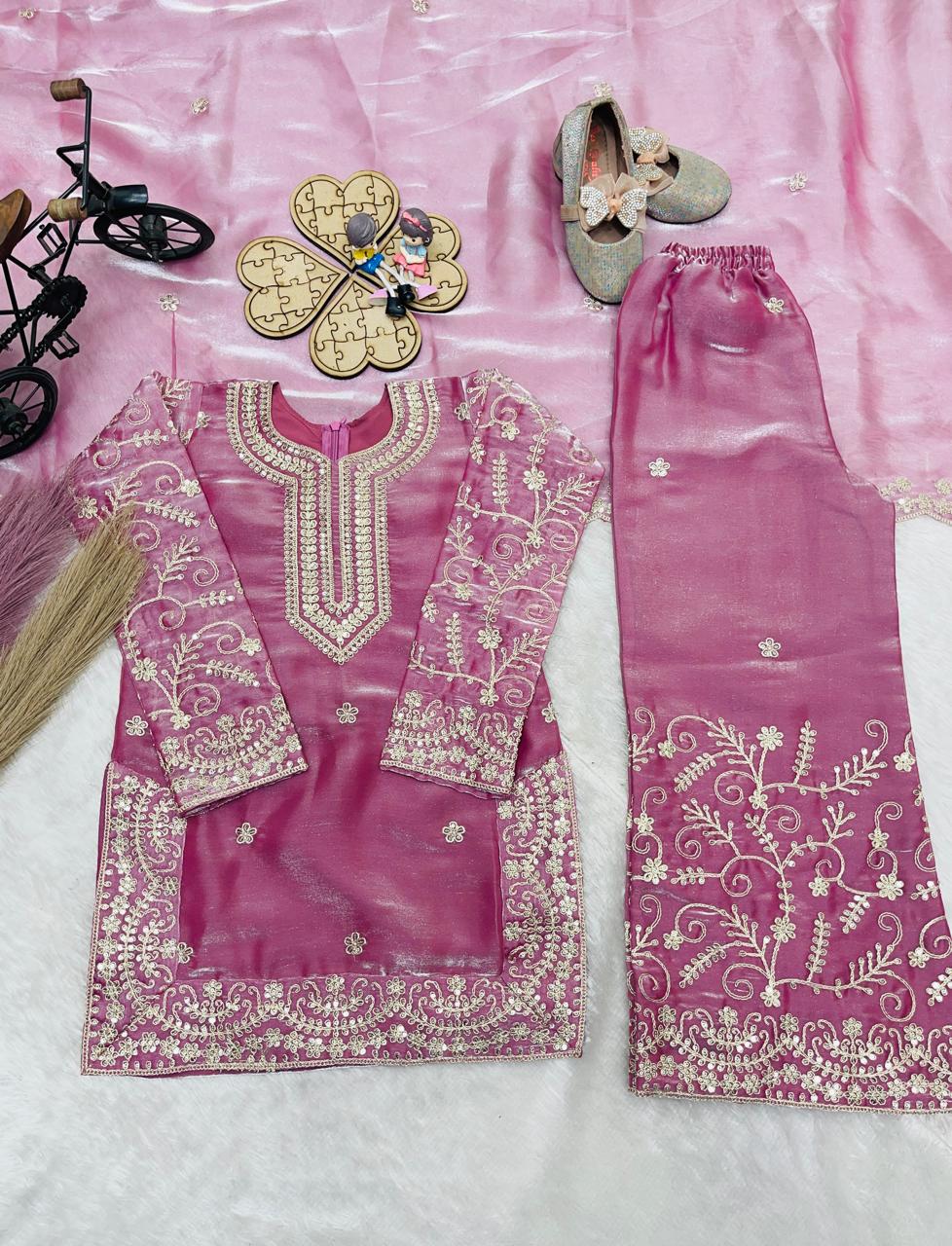 Kids Pastel Pink Embroidery Work  Palazzo Suit