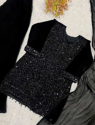 Black Georgette Palazzo Suit with Beads &amp; Sequins