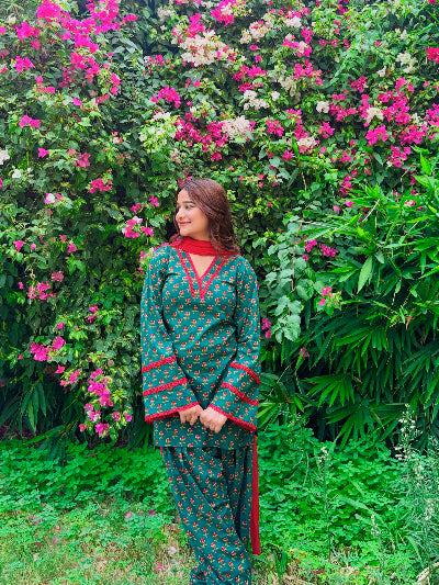 Green Floral Print Farshi Suit Set with Nazmin Dupatta