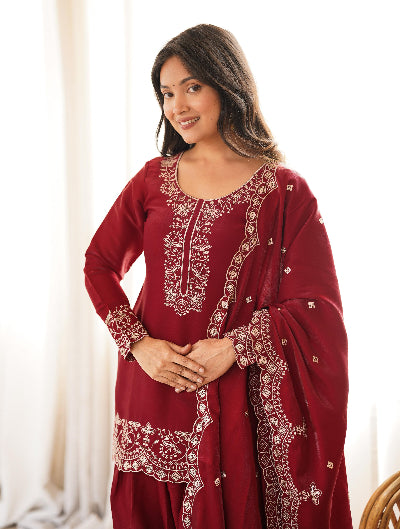 Designer Red Embroidered Farshi Suit Set
