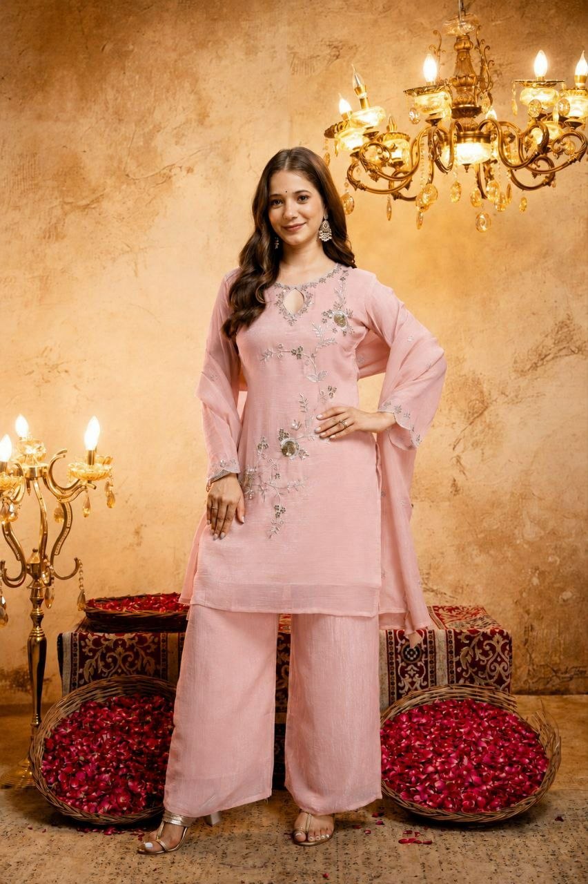 Blush Pink Embroidered Crunchy Silk Palazzo Suit