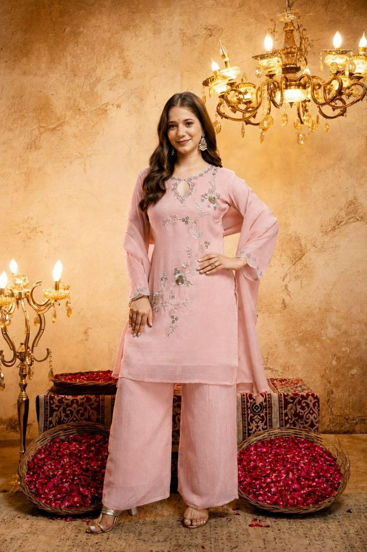 Blush Pink Embroidered Crunchy Silk Palazzo Suit