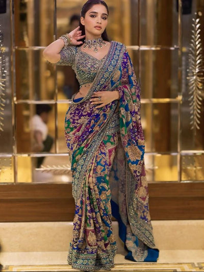 Blue Multicolour Chinon Ready to Wear Saree with Stitched Embroidered Blouse