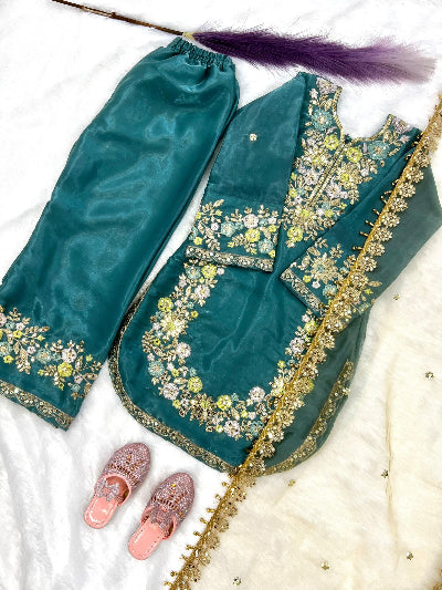 Kids Emerald Teal Silk Embroidery Work Suit Set
