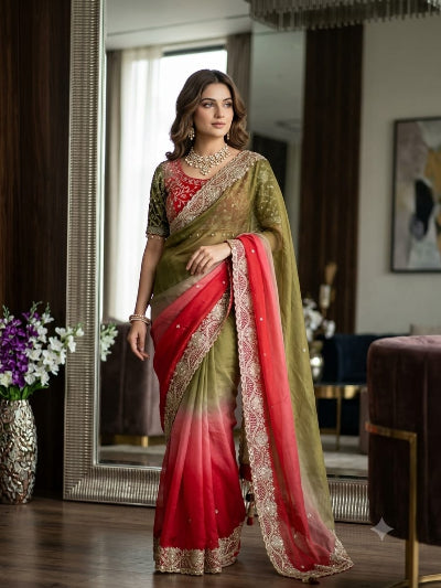 Red &amp; Olive Pre-pleated Ready to Wear Saree with Embroidered Stitched Blouse