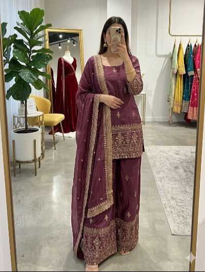 Royal Mauve Embroidered Palazzo Suit Set
