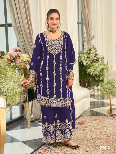 Plus Size Embroidered Zari Work Chinon Palazzo Suit Set