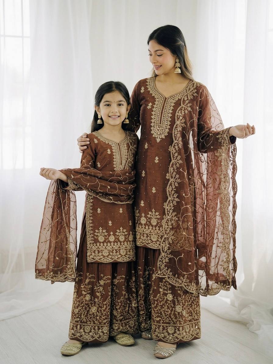 Mother Daughter Matching Festive Silk Sharara Suit Set