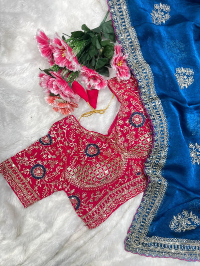 Teal Blue Embroidered Ready to Wear  Saree with Stitched Blouse for Women | Asian Ethnic Wear
