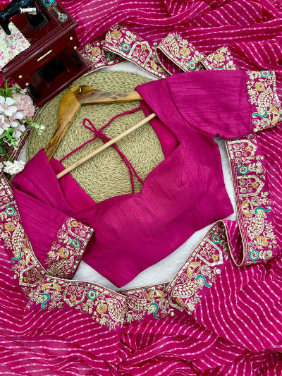 Pink Leheriya Georgette Pre-pleated Saree with Free Stitched Blouse