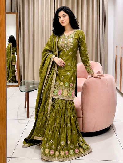 Olive Green Embroidered Sharara Suit Set for Women UK