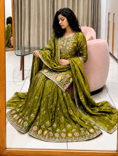 Olive Green Embroidered Sharara Suit Set for Women UK