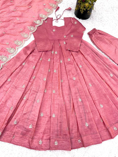 Rose Pink Crush Silk Embroidery Anarkali Suit