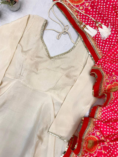 Cream Chinon Anarkali Set with Red Bandhani Dupatta