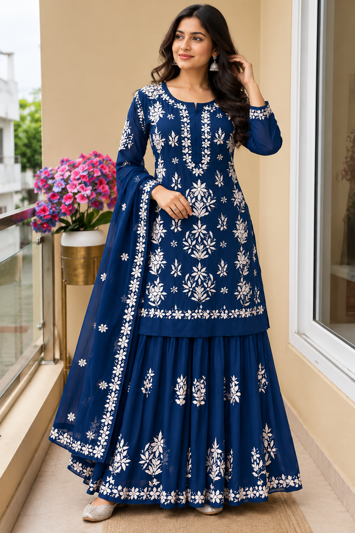 Teal Blue Lucknowi Chikankari Kurti Sharara 2 Pcs UK Next Day