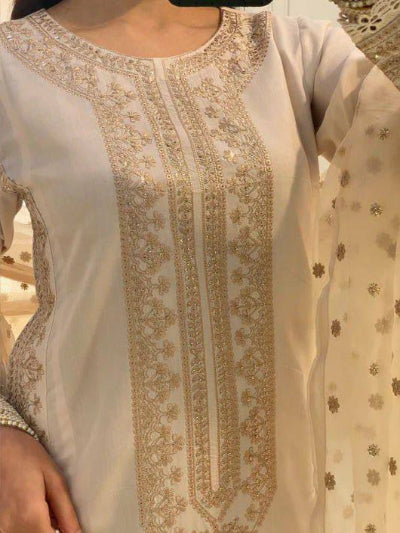Cream Roman Silk Embroidery Work Straight Suit
