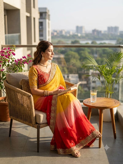Mustard Ruby Ombre Pre-pleated Ready to Wear Saree with Embroidered Stitched Blouse