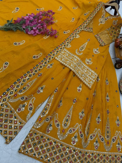 Yellow Chinon Silk Embroidery Work Sharara Suit UK Next Day