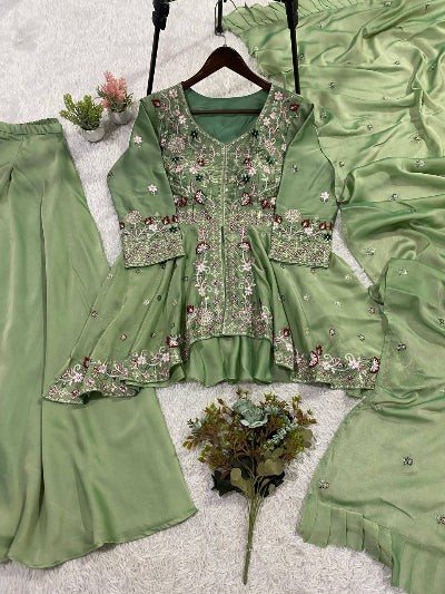 Green Peplum Style Embroidery Wedding Suit