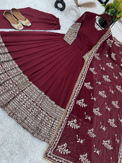 Maroon Georgette Anarkali Gown Set with Full Embroidery Sequence UK Next Day