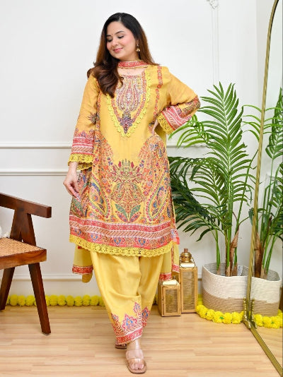 Plus Size Yellow Muslin Embroidered Mirror Work Suit Set
