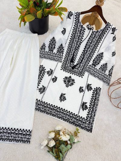 White with Black Embroidery Work Palazzo Kurti Set of 2
