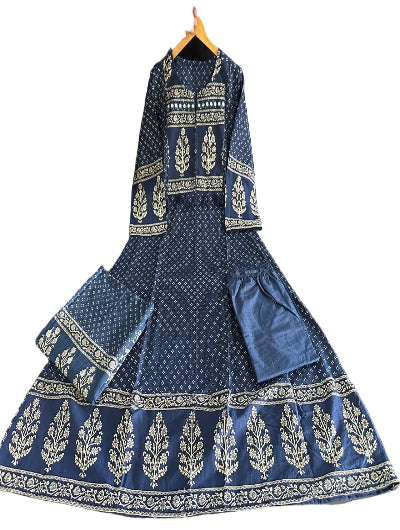 Blue Pure Cotton Anarkali Suit Set with Pant and Dupatta