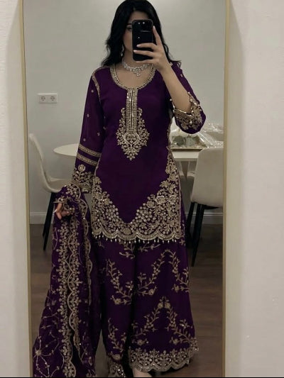 Deep Plum Purple Embroidered  Georgette Palazzo Suit