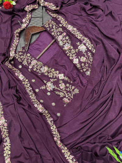 Burgundy Embroidered Ready-to-Wear Saree with Party Jacket &amp; Blouse