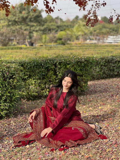 Red Gold Embroidery Moti Work Straight Suit