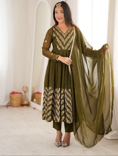 Olive Green Embroidered Crunchy Silk Anarkali Suit for Women