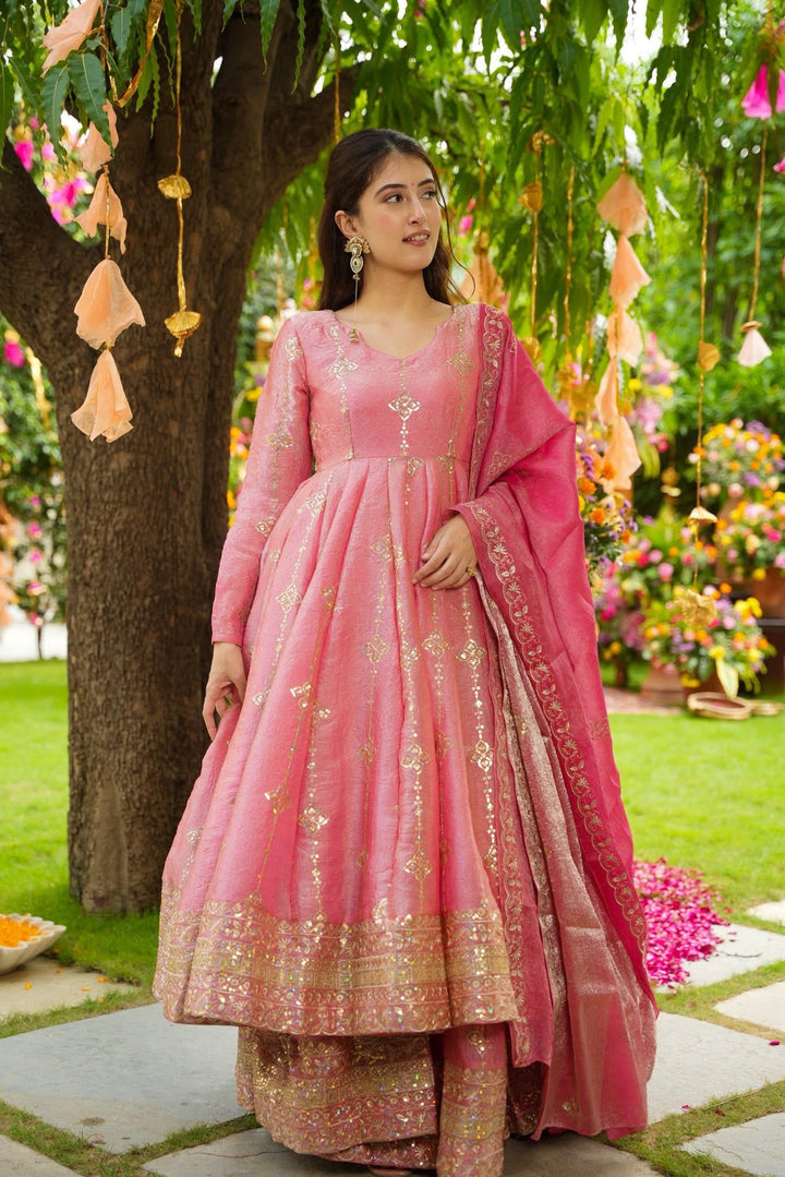 Pink Crunchy Silk Embroidery Anarkali Suit set